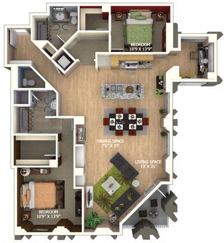 Floor plan for 2 beds, 2 baths, 1744 sqft